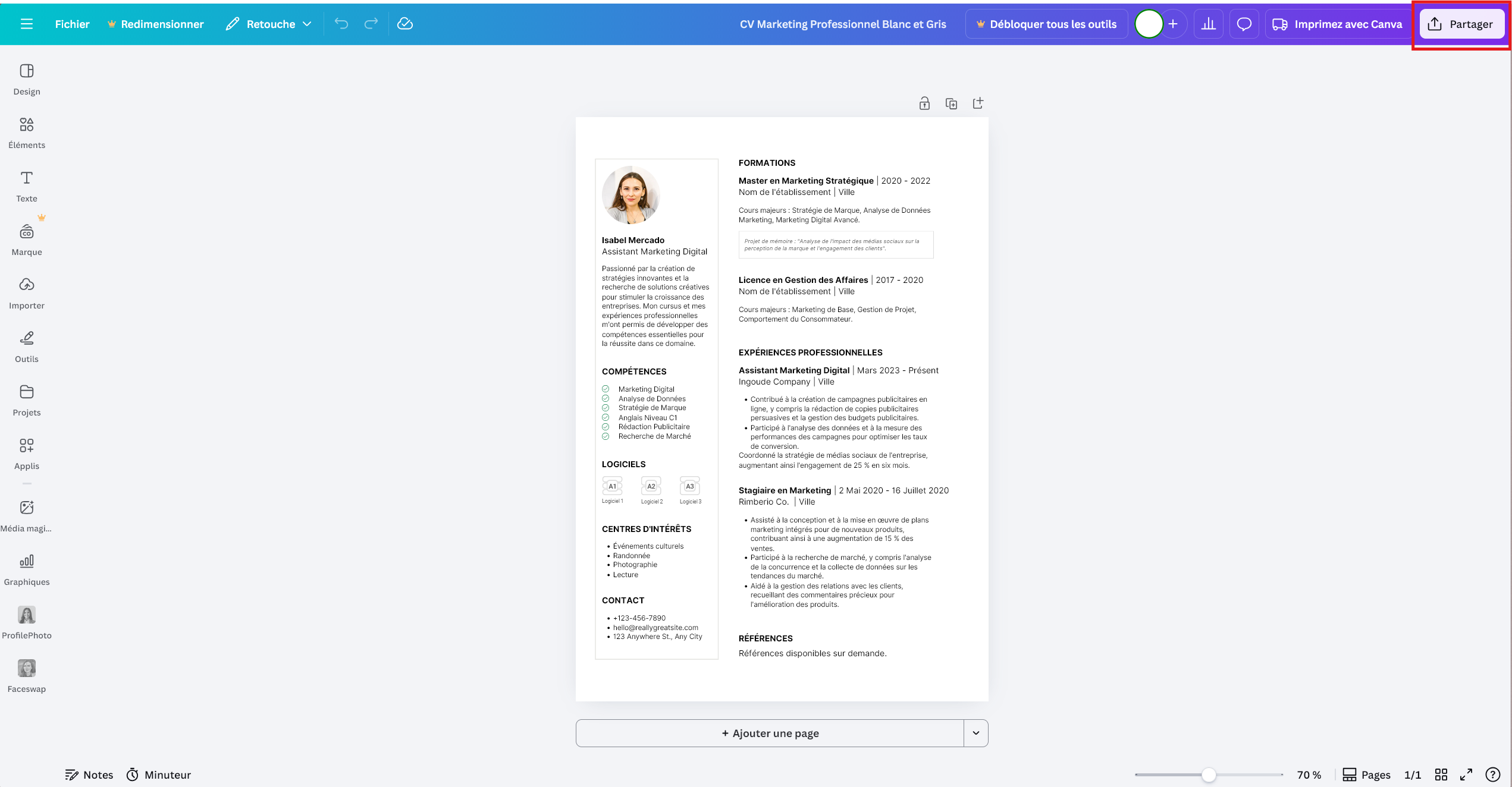 Image: Capture d'écran de Canva montrant le bouton "Partager" en haut à droite de l'interface.