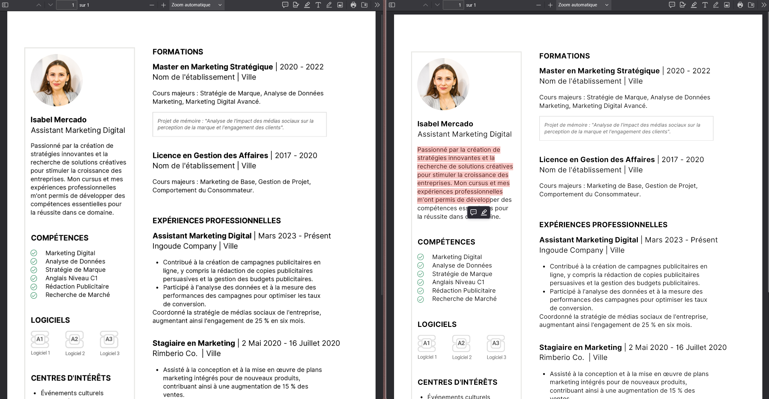 Image: Une capture d'écran montrant la différence entre un texte sélectionnable (surligné en rouge) et une image (pas de sélection possible).