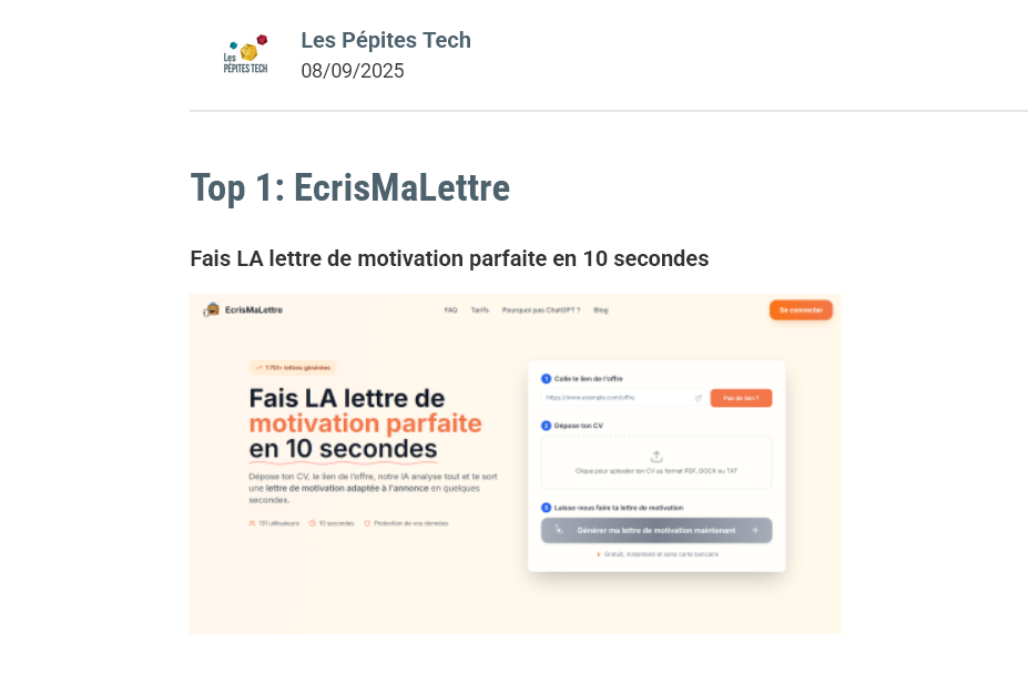 EcrisMaLettre élu Top de la semaine et du mois sur Les Pépites Tech